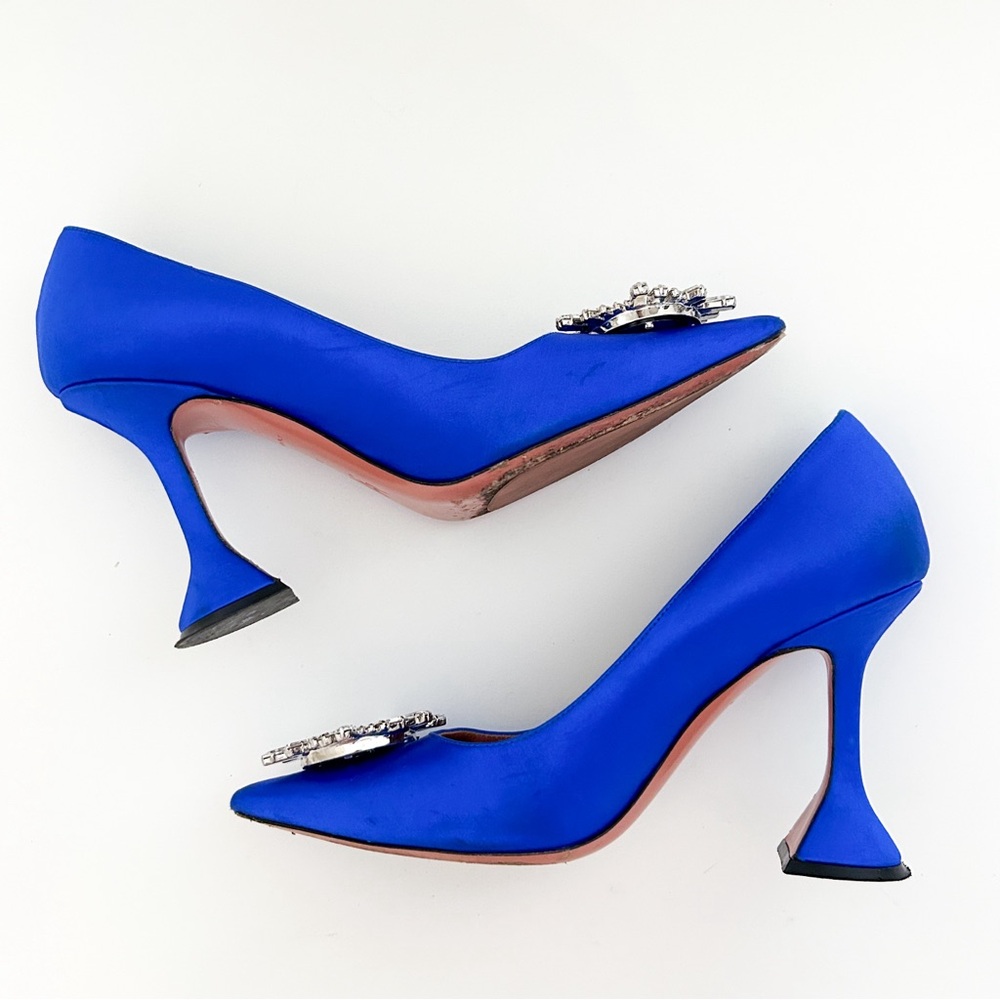 Amina Muaddi Begum Electric Blue Satin Crystal Rhinestone Pumps High Heels 37 - Picture 5 of 12